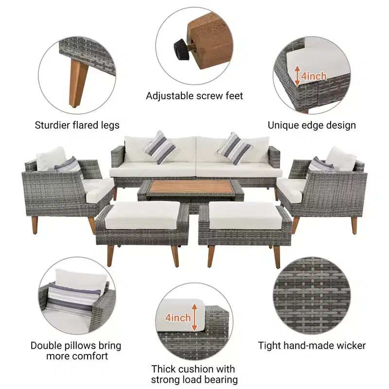 GDFStudio Arthur Patio Modern PE Wicker 6-Piece Conversation Set with Table and Cushions