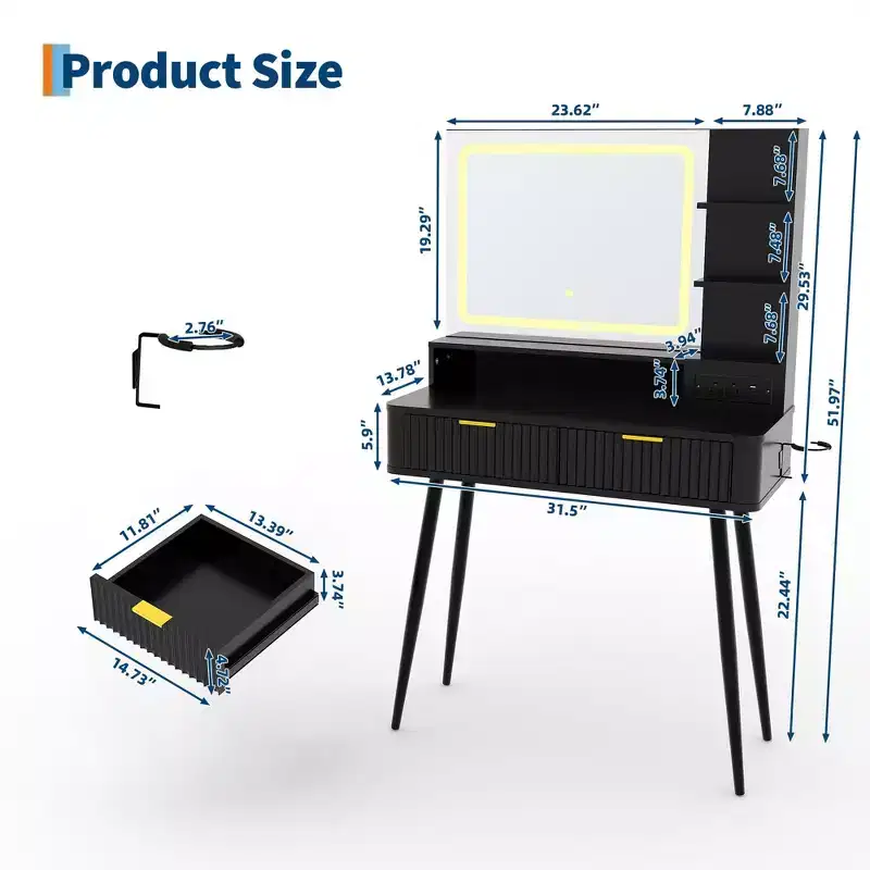 LED Vanity Desk with Mirror and Lights, Dressing Table with 2 Drawers & Charging Station