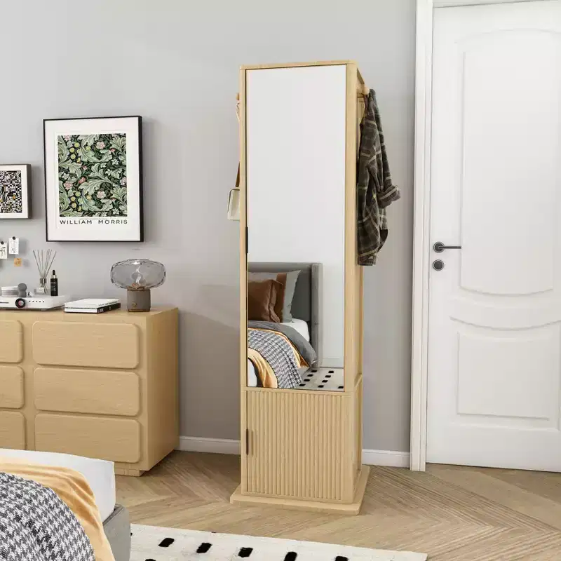360 Rotating Storage Cabinet with Full-Length Mirror, Rotating Storage Tower with 6 Shelves & Hooks