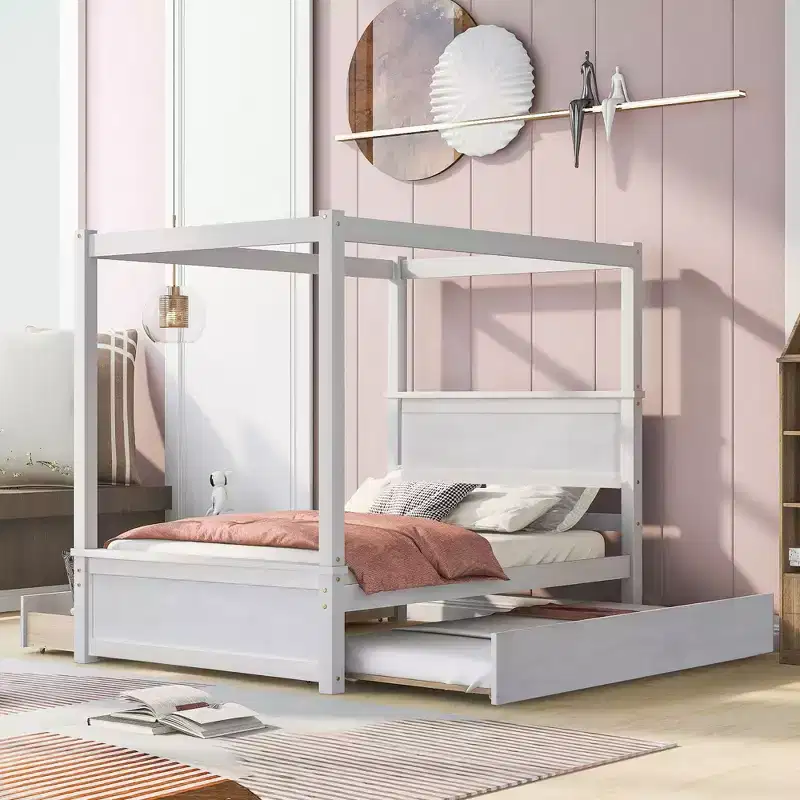 Wood Canopy Bed with Trundle Bed and two Drawers ,Full Size Canopy Platform bed With Support Slats .No Box Spring Needed Brushed White
