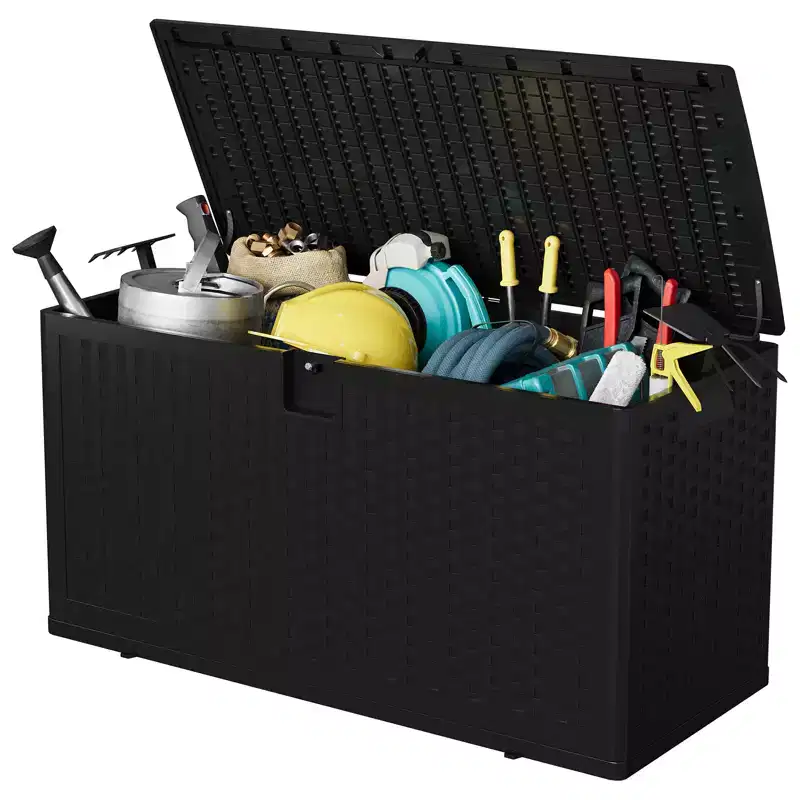 73 Gallon Rattan-Style Deck Box, Outdoor Storage Bench with Lockable Lid, Waterproof Resin for Patio Cushions, Garden & Pool Gear