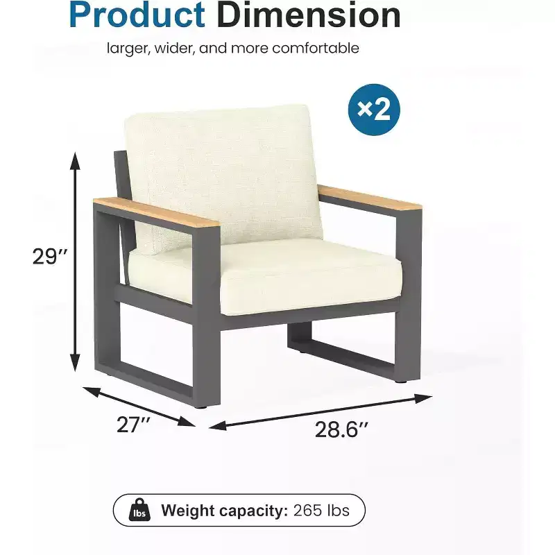 Heynemo Aluminum Outdoor Armchair, 2 Pieces All-Weather Metal Patio Single Sofa, Patio Conversation Set for Porch Backyard Garden