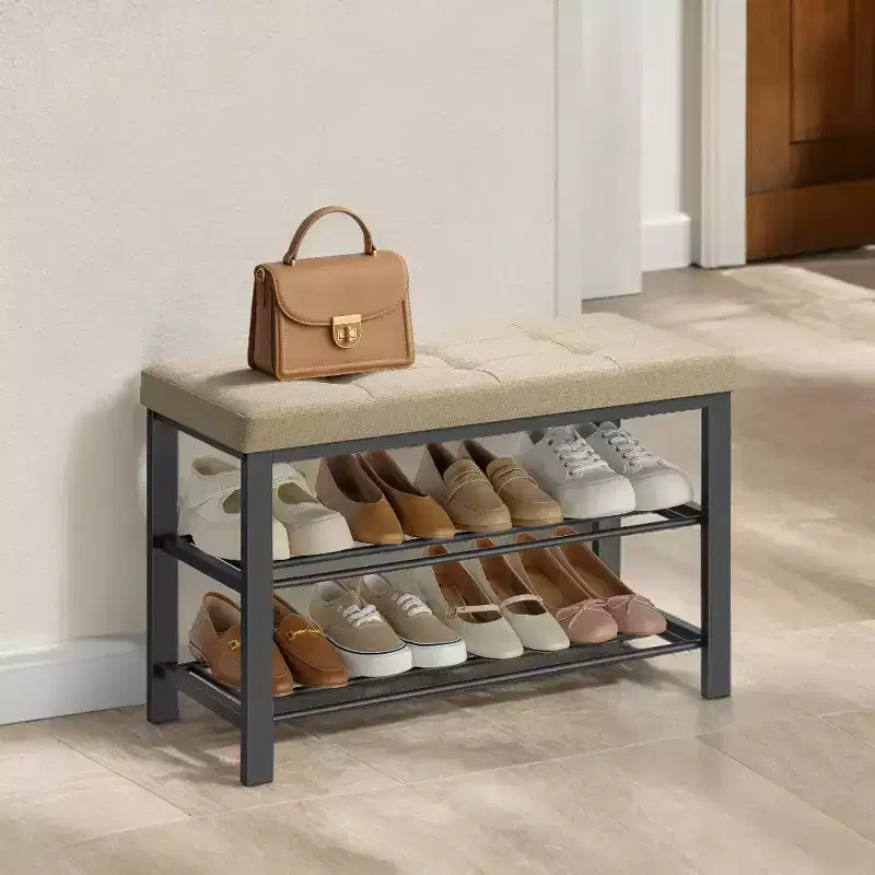 Entryway Shoe Bench with Cushion & Linen Seat - Large Metal Frame