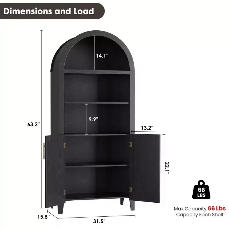 Rattan Arched Cabinet Bookshelf Black Arch Bookcase with Doors, Wooden Curved Book Case 5-Tier Tall Round Top Bookshelves for Living Room