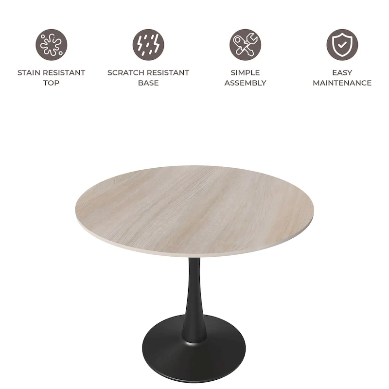 35in Round Dining Table with Sintered Stone Tabletop, Black Steel Pedestal Base, Scratch-Resistant