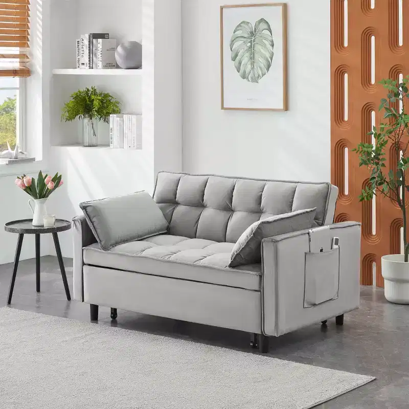 Modern Velvet Loveseat Sleeper Sofa with Toss Pillows and Pockets for Living Room Bedroom Gray