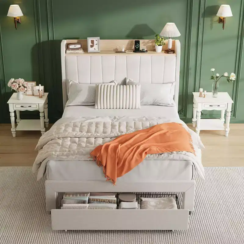 Bed Frame with Storage Headboard, Wooden Full Bed Frame with Charging Station, Metal Platform Bed Frame with Large Drawers, No Box Spring Needed