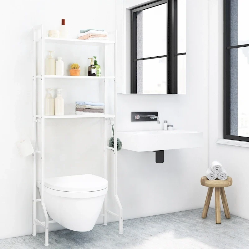 3 Tier Above Toilet Storage Rack for Bathroom with Metal Frame and Hooks
