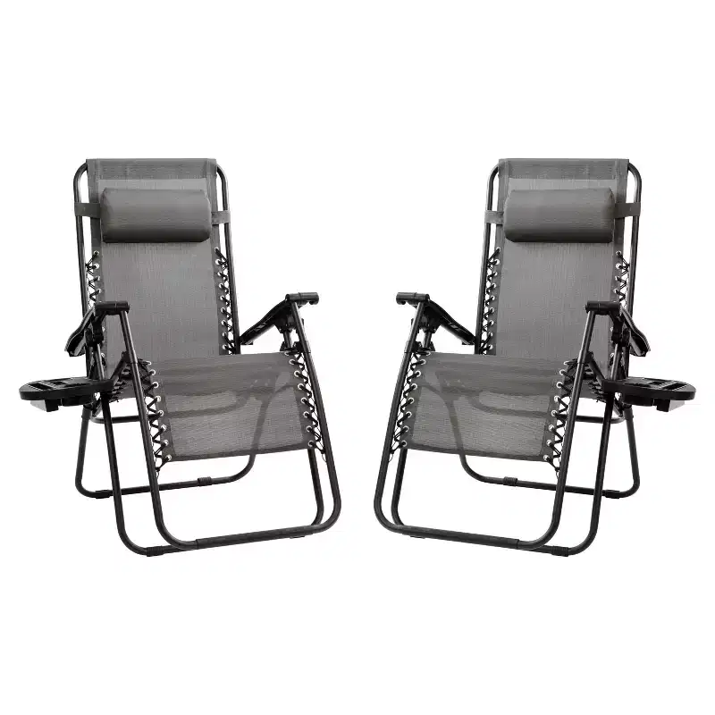 Flash Furniture Adjustable Folding Mesh Zero Gravity Reclining Lounge Chair with Pillow and Cup Holder Tray, Set of 2
