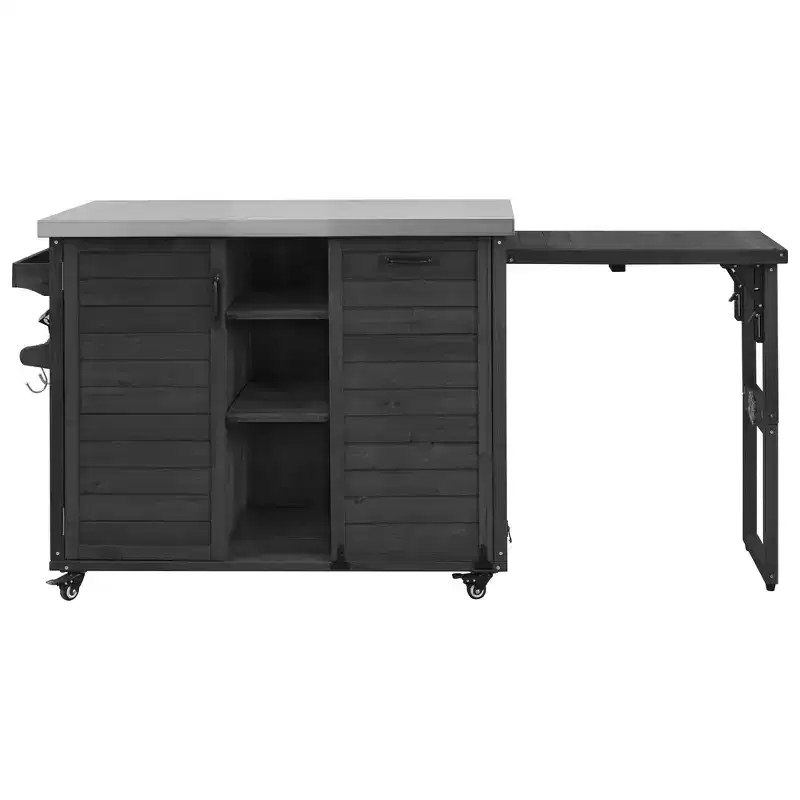 Whisen 78.3 Outdoor Kitchen Island, Wooden Grill Cart, Outdoor Bar Cart, Folding Grill Table with Stainless Steel Top