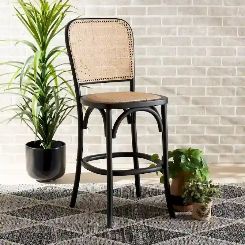 Vance Mid-Century Modern Woven Rattan and Wood Counter Stool