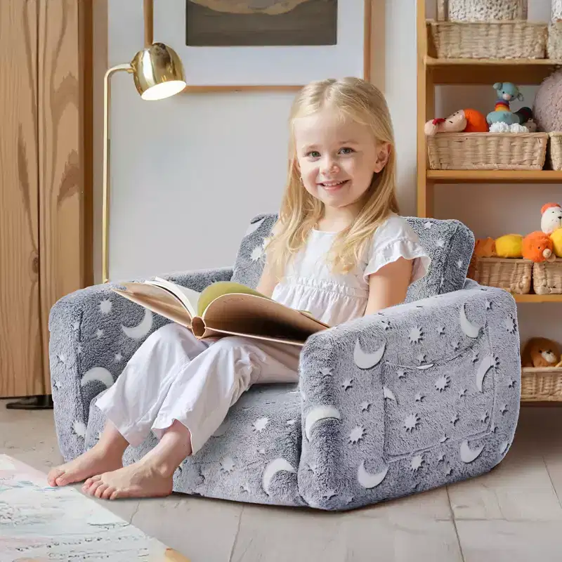 2-in-1 Kids Sofa, Foldable Toddler Soft Couch with Armrests, Glow in the Dark Kids Couch Fold Out with 28D Sponge & Flannel, M, Gray