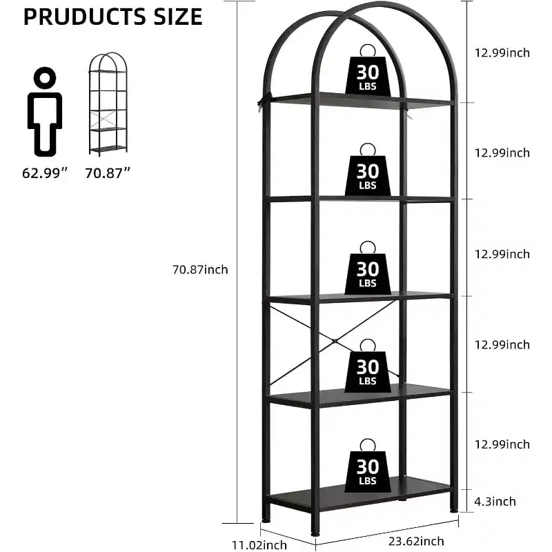 Bookshelf 5 Tier,Arched Display Racks,Tall Shelf for CDs/Books, Modern Storage Rack Shelf Large Wood Book Shelf for Bedroom, Living Room, Home Office