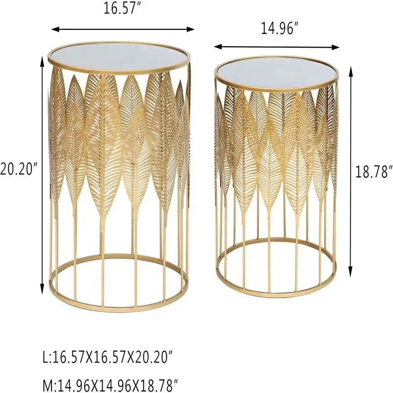 Gold Round Metal Nesting Side Table, Single, Leaf Accent