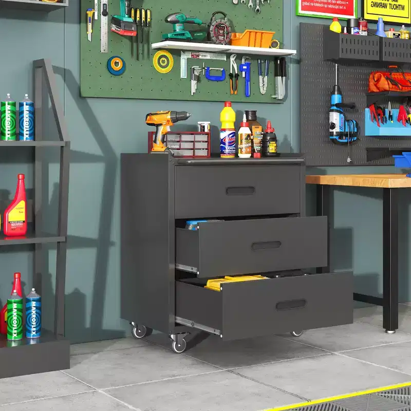 Heavy-Duty Metal Storage Cabinet with Wheels, 3 Drawer Tool Cabinet for Garage, Office, and Home Organizer Solutions