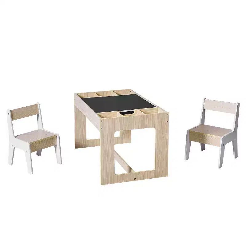 LuxenHome Drawing and Activity Board Children Table with 2 Chairs Set Brown
