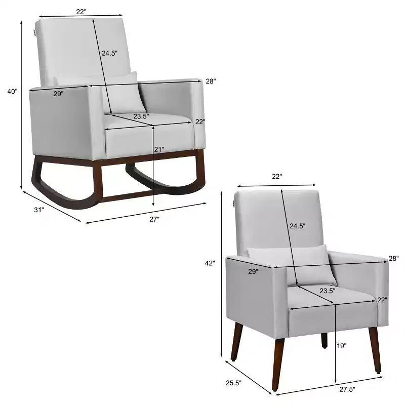 Costway 2-in-1 Fabric Upholstered Rocking Chair Nursery Armchair with Pillow Light Grey