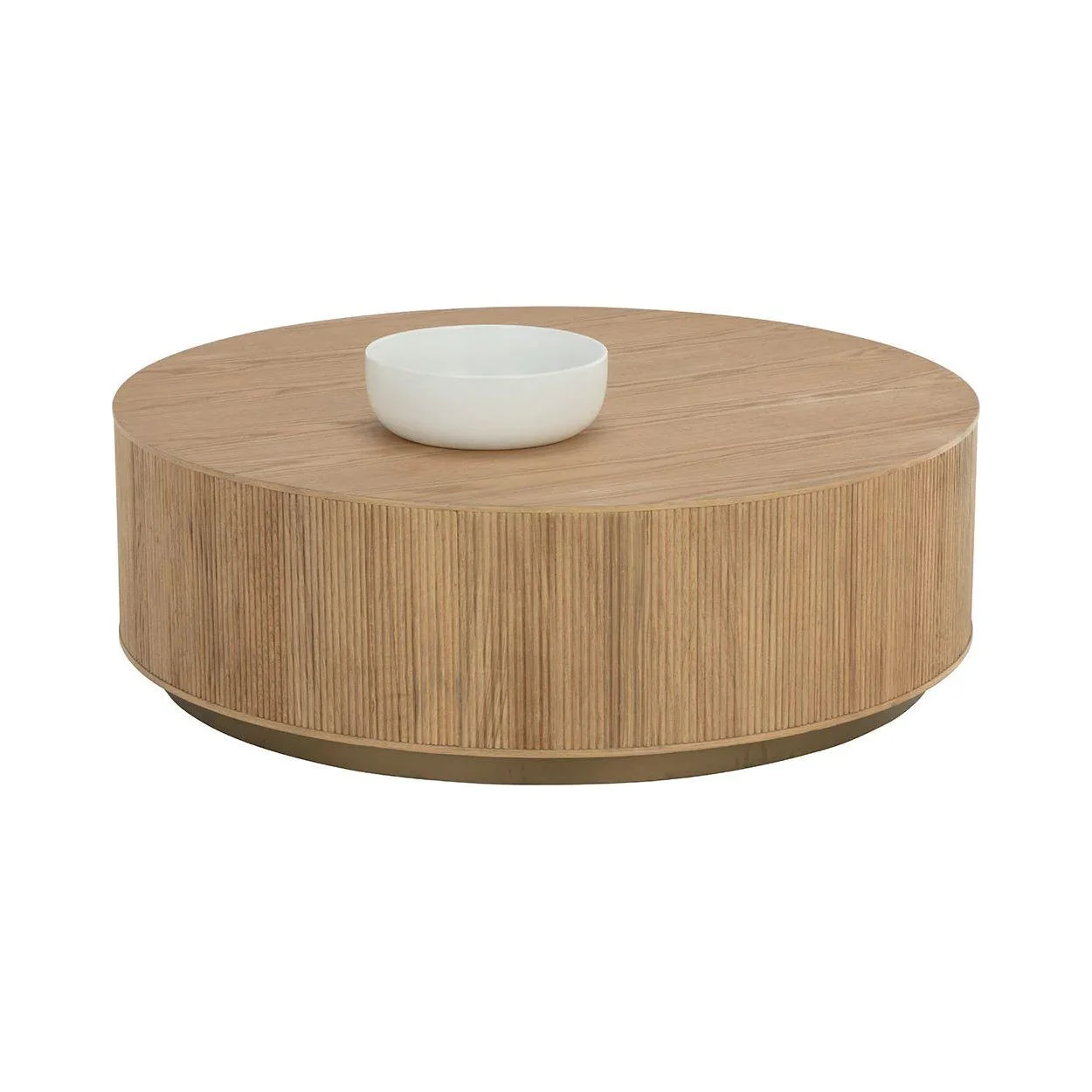 Rustic Oak Veneer Coffee Table with Vertical Reeding & Gold Steel Base for Living Room