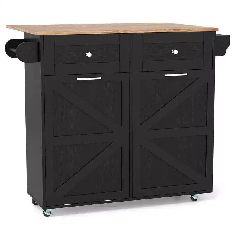 Costway Rolling Kitchen Island Kitchen Island Cart with Drop Leaf Trash Can Cabinet Black/White
