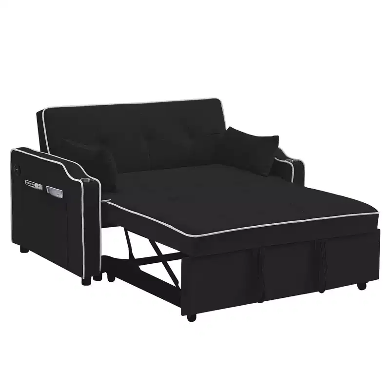 Velvet Sleeper Sofa Couch with Pullout Bed, Sofa Beds with Side Pocket, Cupholder, Adjustable Backrest and Pillows, Loveseat Sofa Sleeper Black