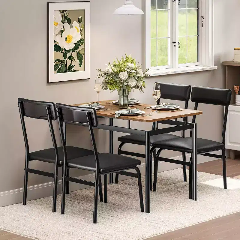 5-Piece Dining Table Set, Brown Wood Kitchen Table with 4 PU Upholstered Chairs, Space-Saving Metal Frame Dinette, for Dining Room