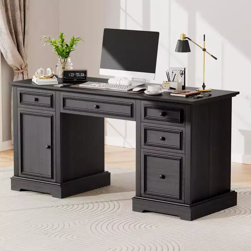 Dyonery 60 Farmhouse Executive Office Desk with Drawers and File Cabinet, Embossed Texture Wood Home Office Desk,Black/Brown/White and brown