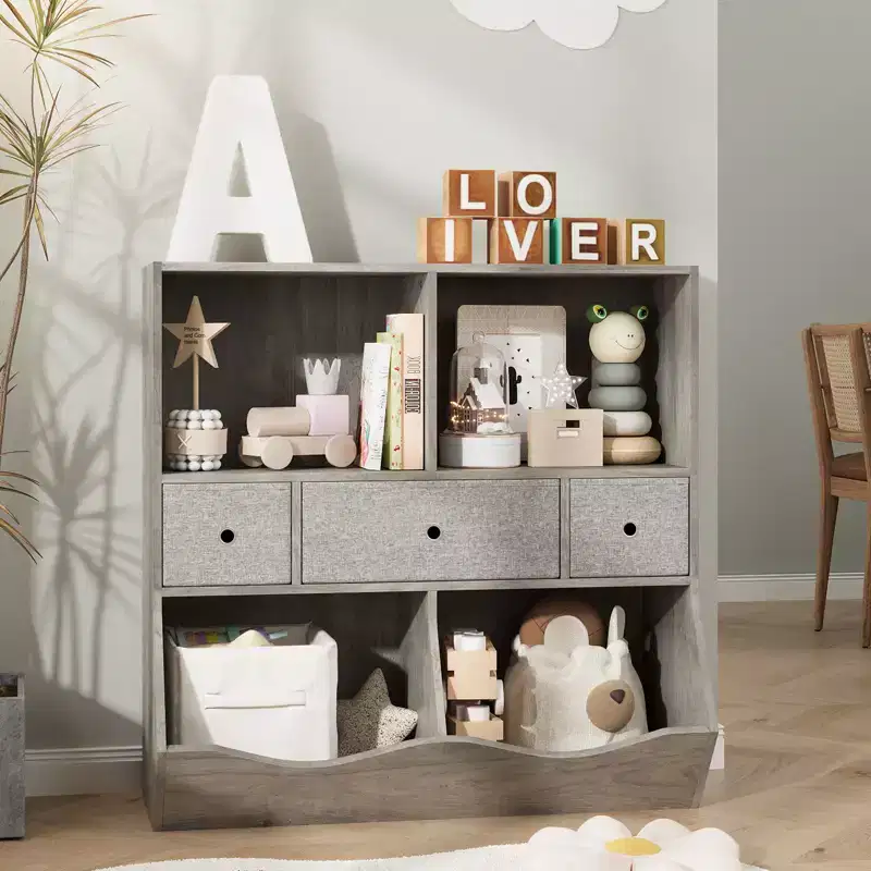 Kids Toy Storage Organizer with 3 Movable Drawers and 5-Section Bookshelf - 3-Tier Large Toy Cabinet for Playroom, Kindergarten, and School