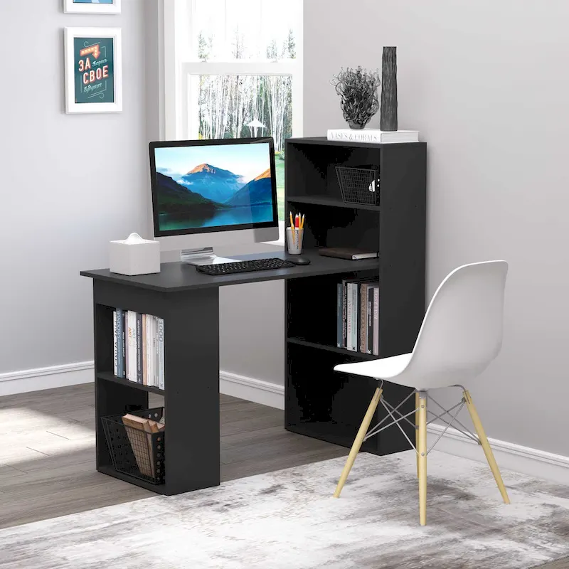 Modern Compact Computer Desk — 6-Tier Shelving Unit Combination, Home Office Writing and Workstation with Bookshelf