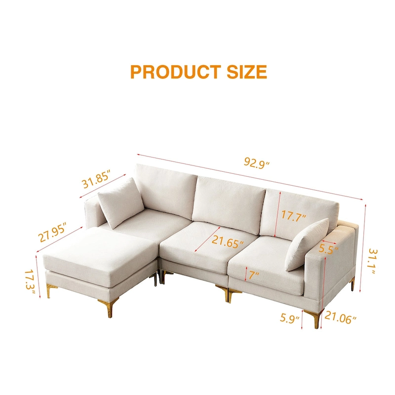 Christopher Knight Home - Beige L-Shape Sectional Sofa with Gold Metal Legs and Ottoman