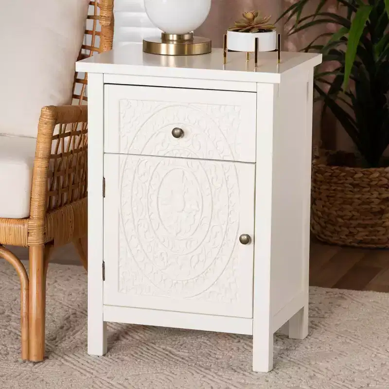 Lambert Wood 1 Drawer Nightstand White - Baxton Studio: Traditional Storage with Antique Finish, Metallic Silver Hardware