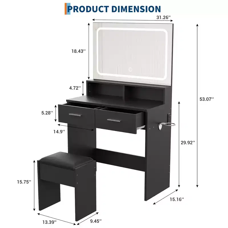 Vanity Desk with Mirror and Lights, Modern Dressing Table, 3 Color Modes Makeup Vanity, Cushioned Stool, 2 Drawers, Modern Dressing Table