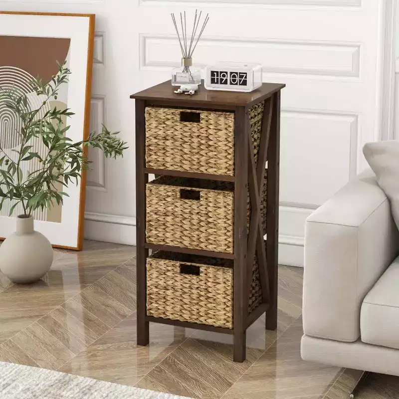 3-Tier Nightstand with 3 Seagrass Baskets Rubber Wood X-Shaped Frames 3 Drawers