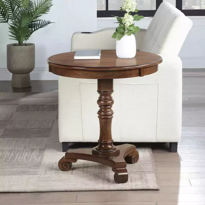 HomeStock Belmont Pedestal End Table Solid Wood Veneer Finish with Turned Body Scroll Feet Traditional Accent Table for Any Room
