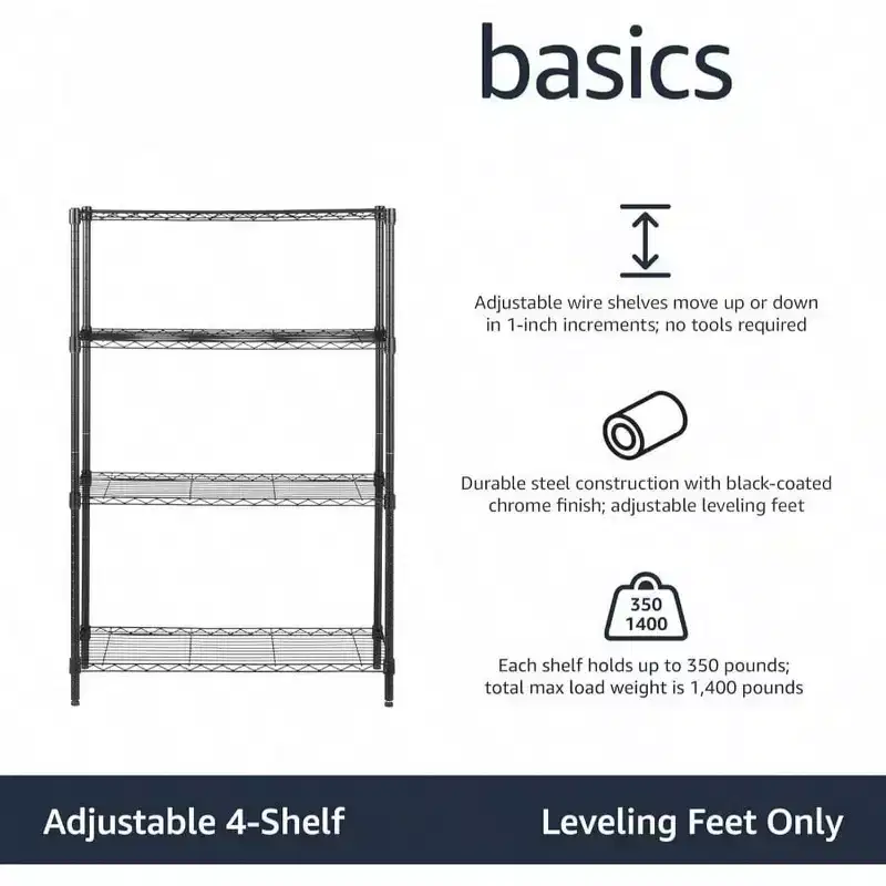 4 - Shelf Heavy Duty Steel Wire Rack Storage Shelving Organizer Kitchen Garage 36 Inch Lx 14 Inch Wx 54 Inch H Black Adjustable
