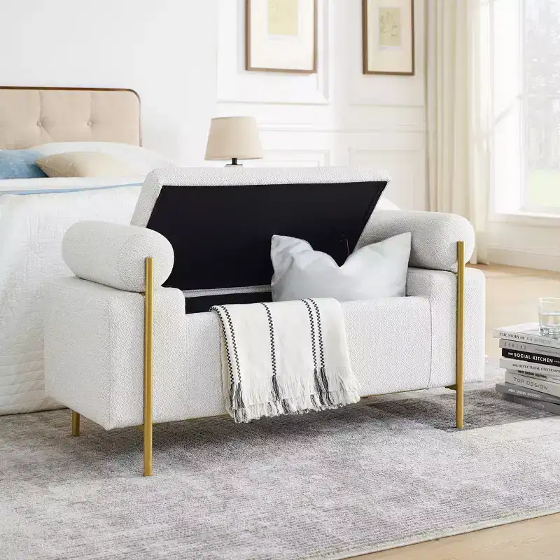 GDFStudio Beryl 44'' Storage Bench with Cylindrical Armrests and Gilded Legs