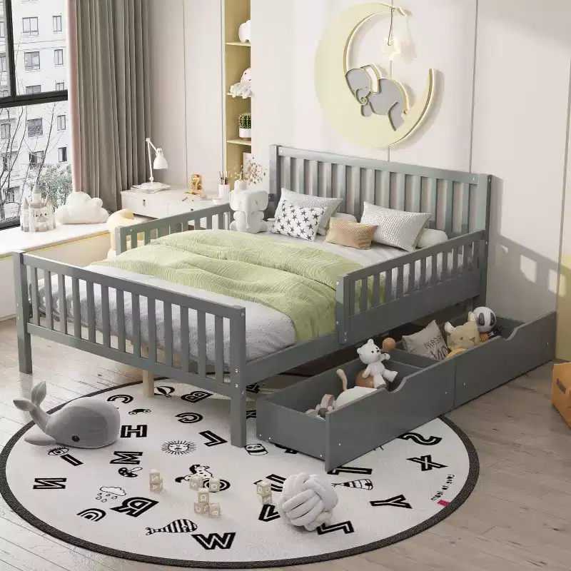 Full Wood Platform Bed with Guardrails and 2 Storage Drawers, Gray