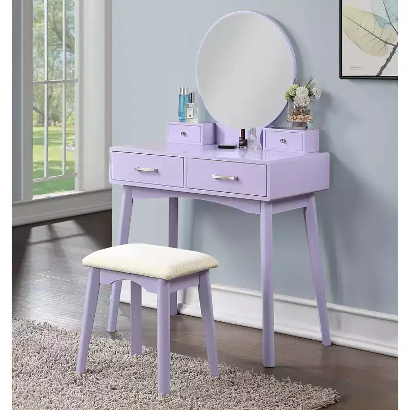 Modern Makeup Vanity Desk with Round Mirror, Organized Storage, Matching Stool for Bedroom, Purple Finish, Space-Saving Design