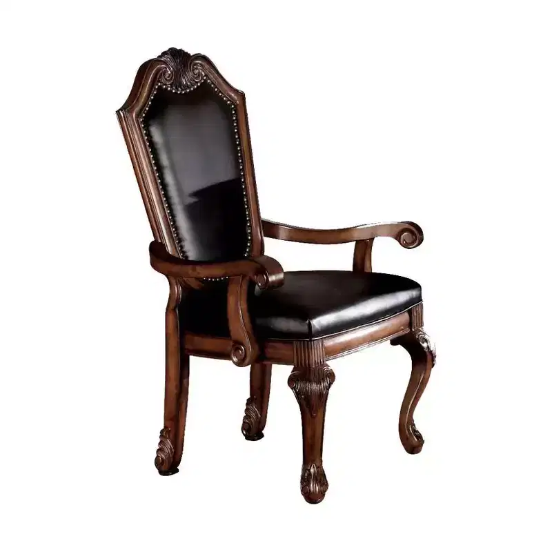 28" Chateau De Ville Dining Chair Black Synthetic Leather and Cherry Finish - Acme Furniture: Queen Anne Legs, Shell Carvings