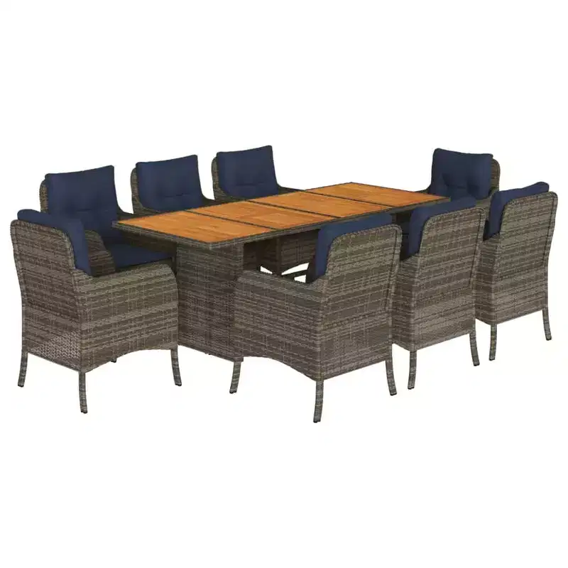 vidaXL 9-Piece Outdoor Patio Dining Set - Gray Poly Rattan & Solid Acacia Wood with Navy Cushions - Weather-Resistant Garden Furniture Set