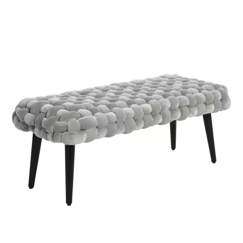 Storied Home Velvet Entryway Bench Gray: Upholstered Ottoman, Acacia Frame, 44.5 Length