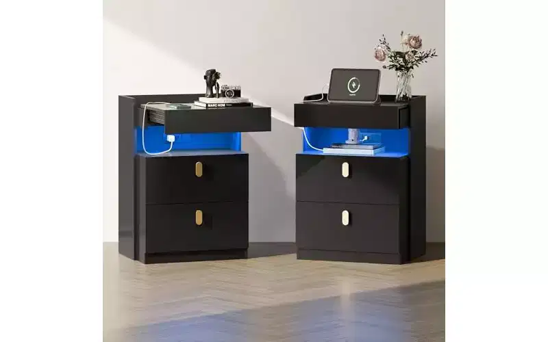 DEXYLLO LED Nighstand Set of 2 with Charging Station, Night Stands Sets with Sliding Top, Bedside Tables with Drawers