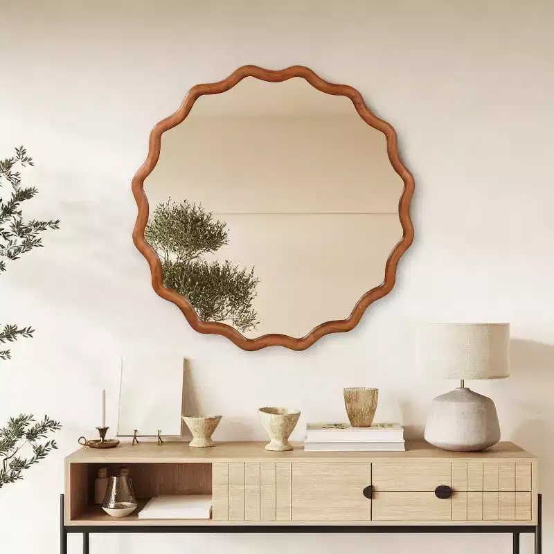 MAYEERTY 36 inch Wavy Round Mirror Solid Wood Frame Decorative Mirror for Bedroom Bathroom Living Room Brown