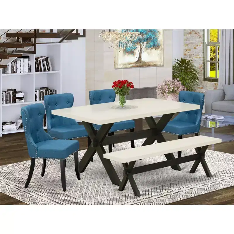 HomeStock 6 Piece Kitchen Table Set Blue Linen Chairs