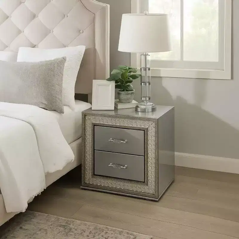 Royal Hampton Nightstand with 2 Drawers, Scale Molding Trim, Metallic Gray Wood