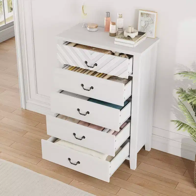 Zstar Farmhouse 5 Dresser for Bedroom, 45.2 Tall Dresser, Vertical Drawer with Storage Freestanding, Wooden Closet Storage Chest for Bedroom