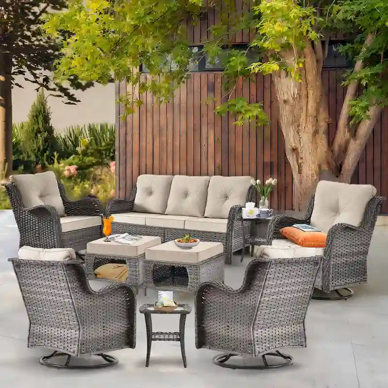 Rattan Outdoor Furniture Set-9 Piece Outdoor Patio Furniture Set with Swivel Chairs