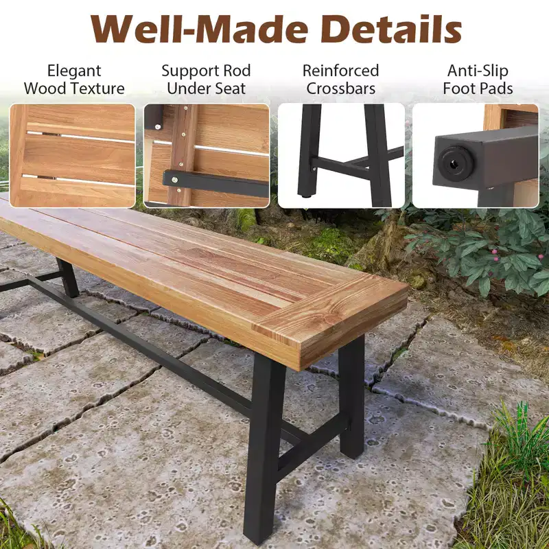 Costway 63 Inch Patio Bench Set of 1/2, Acacia Wood Long Dining Bench w/ Heavy-Duty Metal Legs
