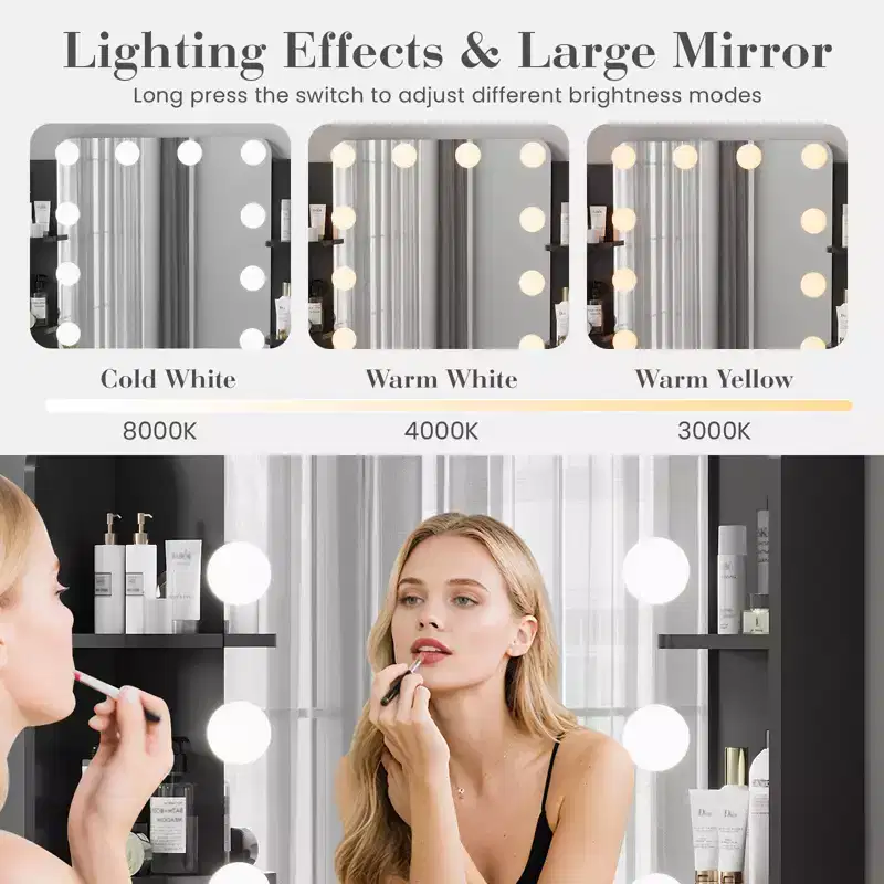 Makeup Vanity Desk with Mirror and 12 LED Lights, Modern Dressing Table Furniture with Hair Dryer Holder Stool for Bedroom