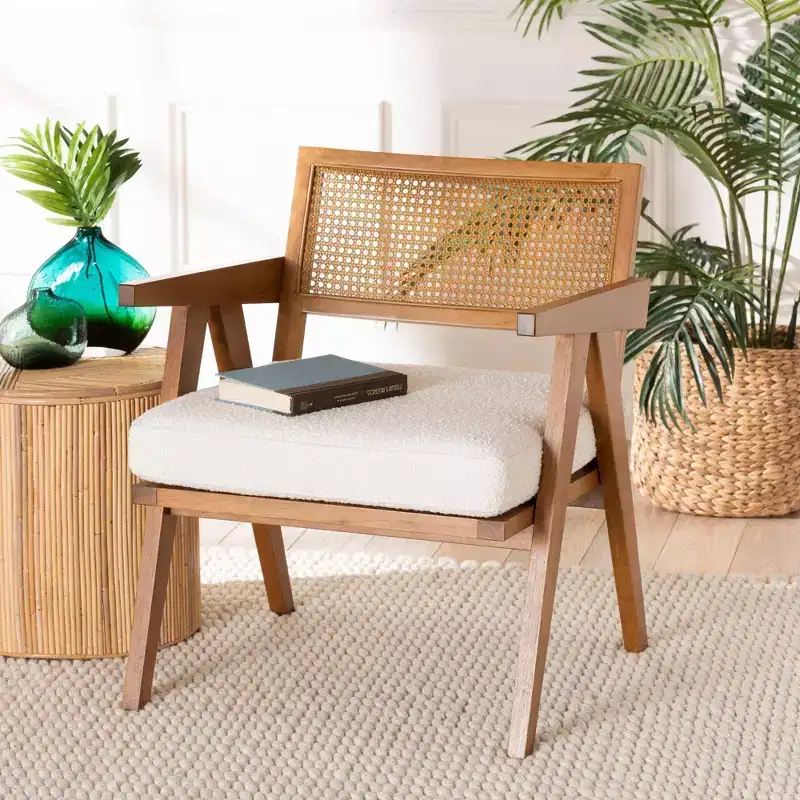 Baxton Studio Jetsam Boucle Fabric and Wood Arm Chair Cream/Walnut Brown: Upholstered Accent Furniture