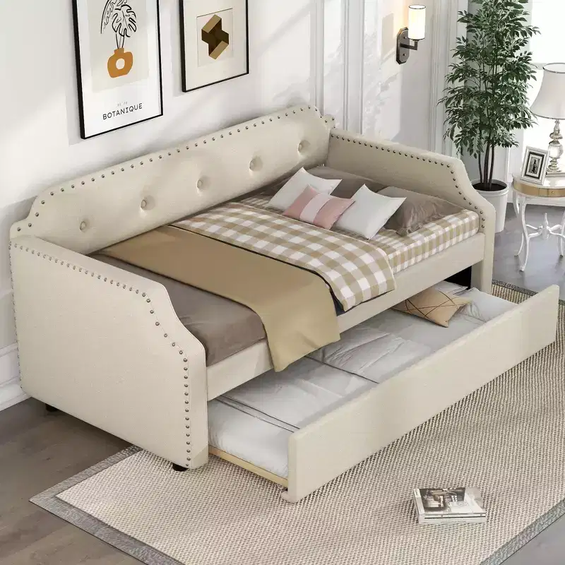 Twin Size Upholstered Daybed with Trundle and Button Tufted Backrest, Linen Sofa Bed with Nailhead Trim